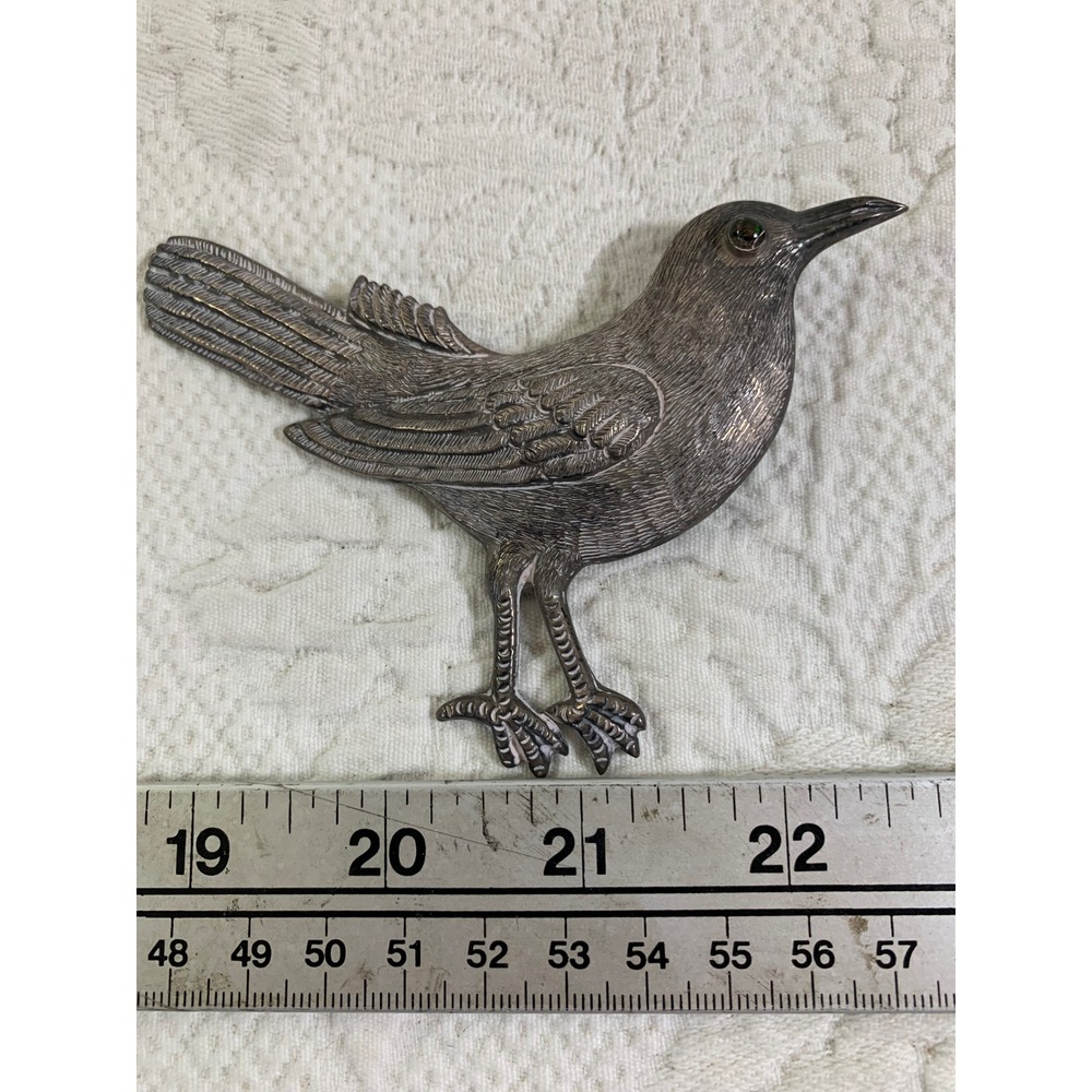 Handmade Silver Bird Brooch Vintage Artisan Songbird Pin Onyx Eye Statement 34g